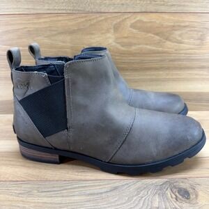 Sorel Emelie Chelsea Ankle Boots Womens 10.5 Quarry Black Waterproof Leather